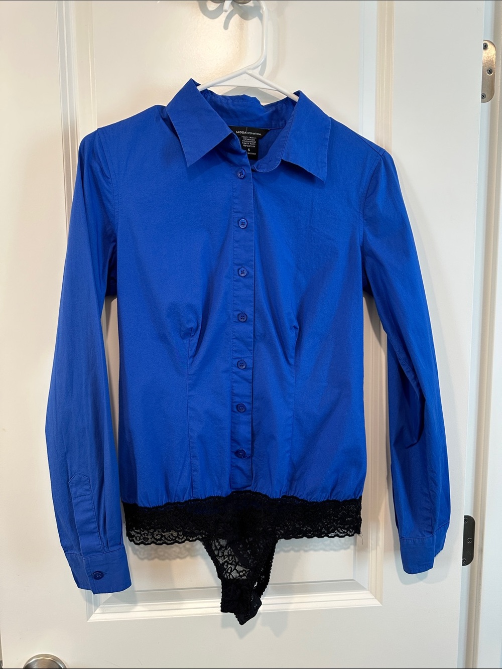 Moda International cotton Royal Blue Button-Front Lace-Hem Bodysuit